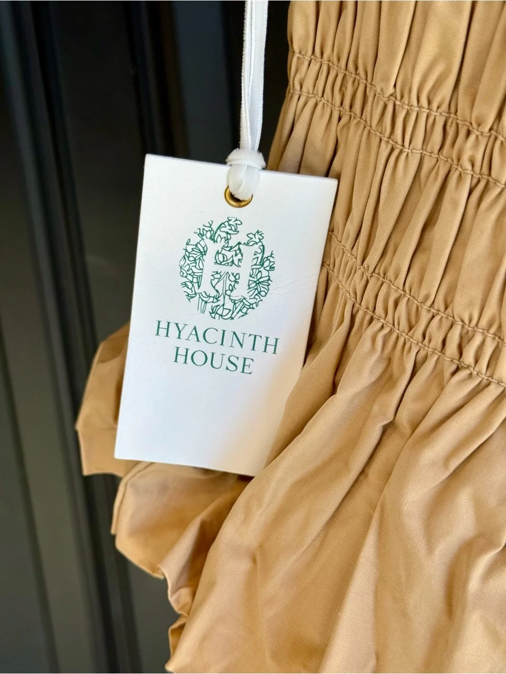 Hyacinth House Nadine Smocked Ruffle Peplum Boho Cottagecore Coquette Tan Blouse - Picture 5 of 7